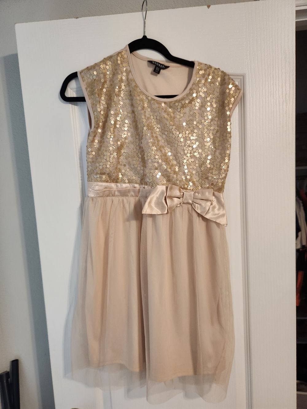 George Gold Sequin & Cream Bow Tulle Dress